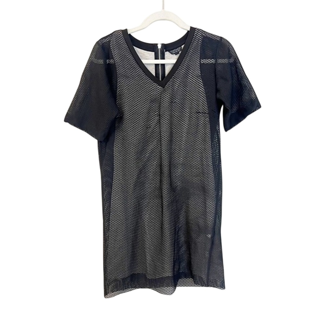 Topshop Black Mesh Overlay Mini Dress Short Sleeve V-Neck Exposed Zipper US 6